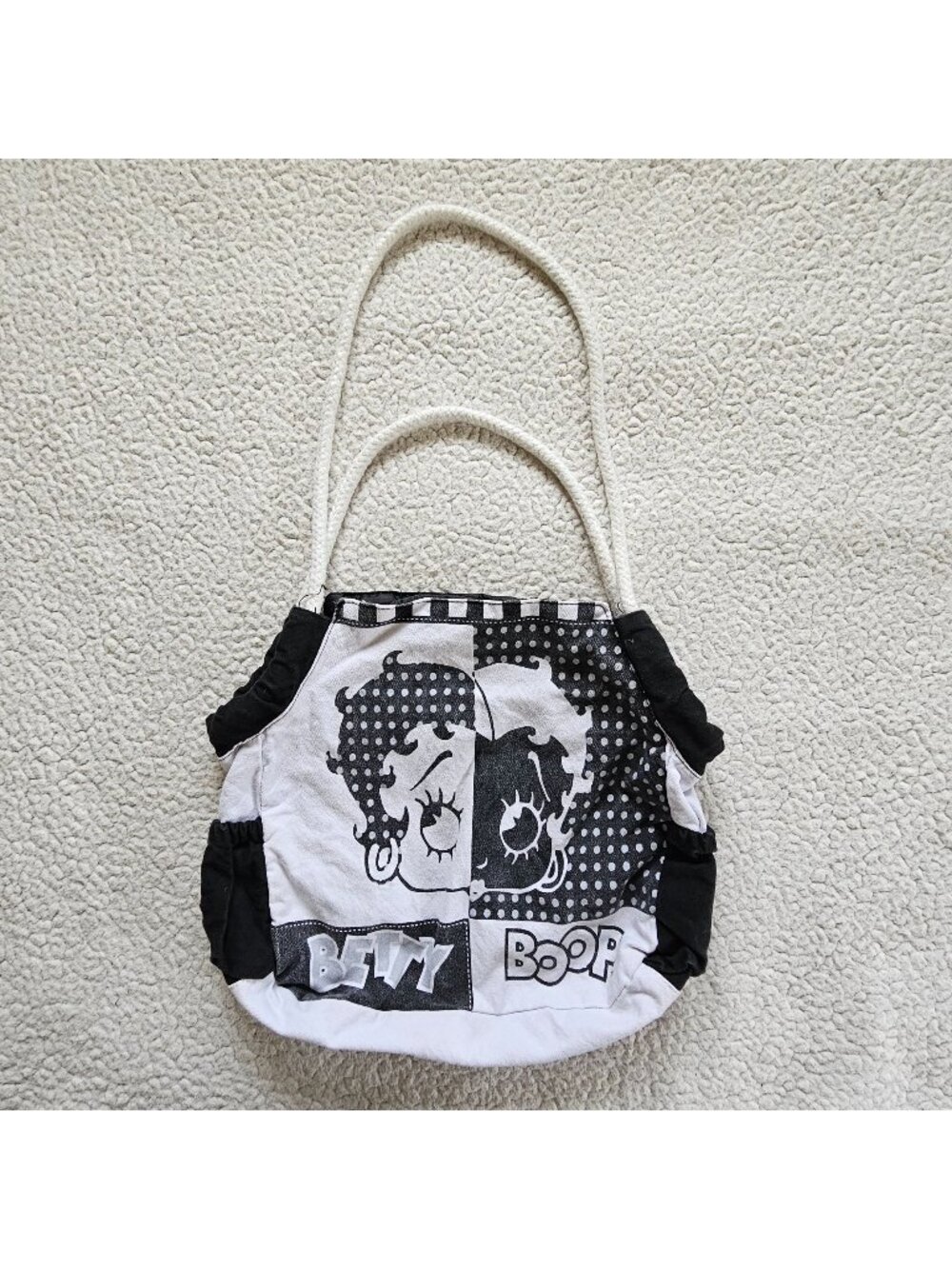 Betty Boop Black White Canvas Tote Bag Rope Handle Polka Dot Inner Pocket 2008